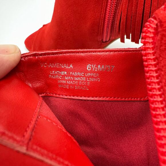 NEW Vince Camuto Amenala Bright Red Faux Suede Western Fringe Peep Toe Bootie - Picture 11 of 14